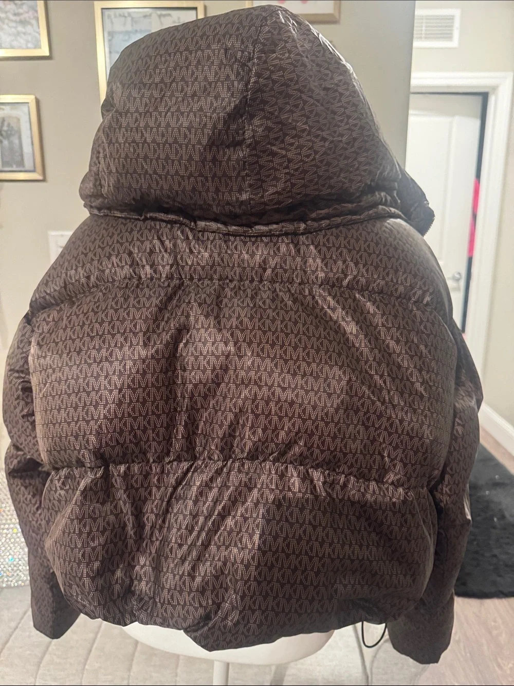 Michael Kors Dark Brown Quilted Puffer Jacket with Gold Chain Trim